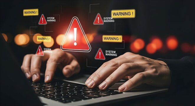 Male hands typing on a laptop with system warning and critical error pop-up notifications for cybersecurity risk and fraud alert concept.