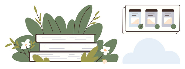 Stacked books with surrounding greenery and flowers paired with a digital display of categorized data. Ideal for education, reading, digital resources, learning, sustainability, nature, simplicity. A