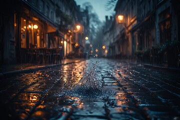 Fototapeta premium Rainy Street: A cobblestone street glistens under the soft glow of streetlights, reflecting the rain as it gently falls on the old town buildings. This urban scene is a study in atmosphere, light.