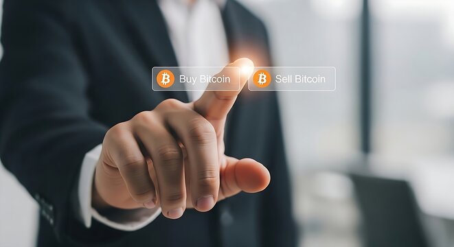 Businessman's touch on digital bitcoin options showcases modern investment and financial technology for crypto trading.