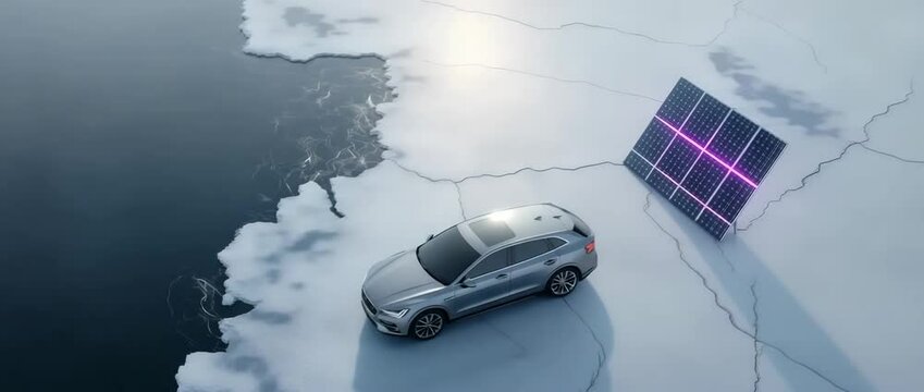 Elektrofahrzeug auf schmelzendem Eis mit Solarpanel &ndash; Symbol f&uuml;r Hoffnung in der Klimakrise. K&uuml;nstliche Intelligenz KI