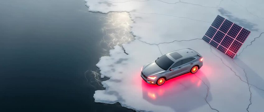 Elektrofahrzeug auf schmelzendem Eis mit Solarpanel &ndash; Symbol f&uuml;r Hoffnung in der Klimakrise. K&uuml;nstliche Intelligenz KI