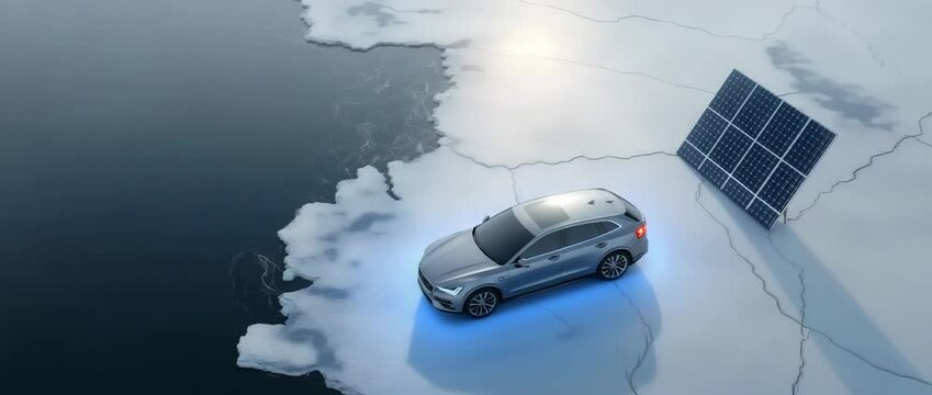 Elektrofahrzeug auf schmelzendem Eis mit Solarpanel &ndash; Symbol f&uuml;r Hoffnung in der Klimakrise. K&uuml;nstliche Intelligenz KI