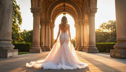 Bride in a mermaid wedding dress at the entrance to a historic site