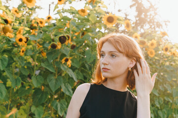 Elegant redhead woman wearing golden hoop earrings in sunflower field