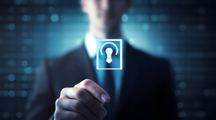Businessman holding virtual KYC verification icon for identity authentication and financial security compliance. Know Your Customer process in banking and fintech.