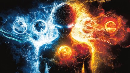 Futuristic neon soccer player in motion, glowing digital energy lines, dynamic cyber sports concept