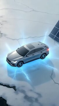 Elektrofahrzeug auf schmelzendem Eis mit Solarpanel &ndash; Symbol f&uuml;r Hoffnung in der Klimakrise. K&uuml;nstliche Intelligenz KI
