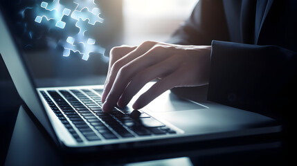 Businessman use laptop with jigsaw icon for solution and leadership strategies concept. Success in problem solving and visionary decision making.