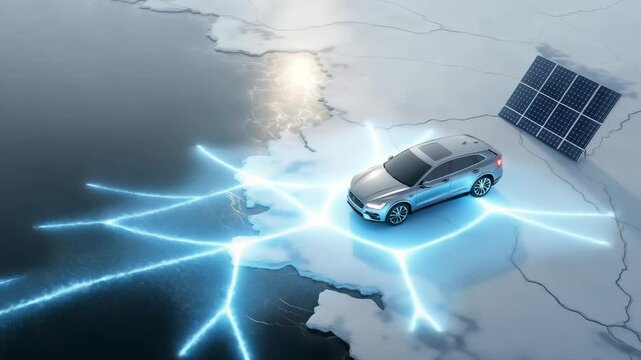 Elektrofahrzeug auf schmelzendem Eis mit Solarpanel &ndash; Symbol f&uuml;r Hoffnung in der Klimakrise. K&uuml;nstliche Intelligenz KI