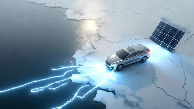 Elektrofahrzeug auf schmelzendem Eis mit Solarpanel &ndash; Symbol f&uuml;r Hoffnung in der Klimakrise. K&uuml;nstliche Intelligenz KI