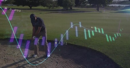 Male golfer gripping club triggers animated charts updating swing metrics during bunker shot