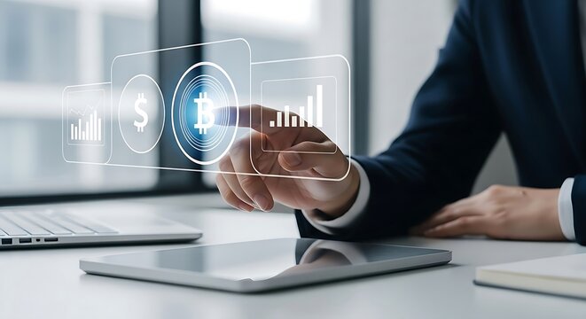Businessman analyzing digital finance trends with virtual chart, bitcoin, and dollar signs on a futuristic interface
