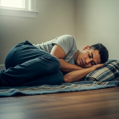 A man curled up on a blanket on the floor, sleeping peacefully near a window.