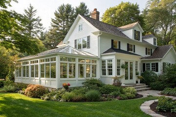 Traditional white suburban house with sunroom addition, bright natural light, classic architecture, elegant design, peaceful garden view, serene yard, and comfortable, relaxing residential living atmo