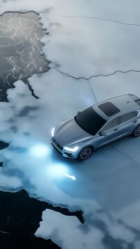 Elektrofahrzeug auf schmelzendem Eis mit Solarpanel &ndash; Symbol f&uuml;r Hoffnung in der Klimakrise. K&uuml;nstliche Intelligenz KI