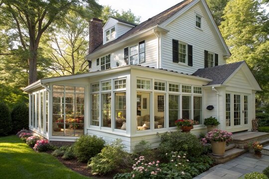 Traditional white suburban house with sunroom addition, bright natural light, classic architecture, elegant design, peaceful garden view, serene yard, and comfortable, relaxing residential living atmo