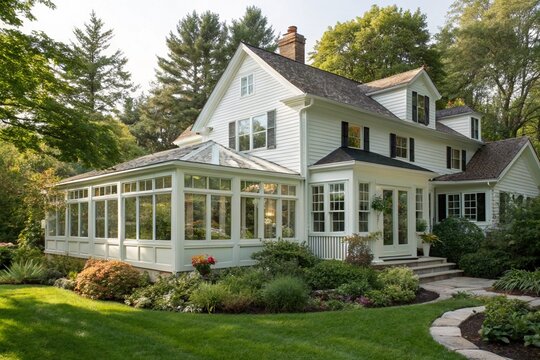 Traditional white suburban house with sunroom addition, bright natural light, classic architecture, elegant design, peaceful garden view, serene yard, and comfortable, relaxing residential living atmo