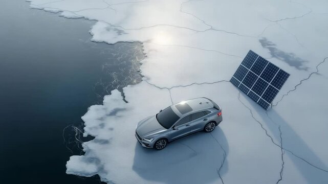 Elektrofahrzeug auf schmelzendem Eis mit Solarpanel &ndash; Symbol f&uuml;r Hoffnung in der Klimakrise. K&uuml;nstliche Intelligenz KI