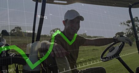 Golf cart driver moving lever looking left activating data grid graph showing technology analytics - Powered by Adobe