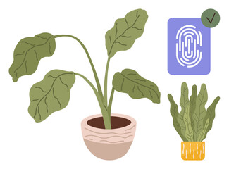 Large leafy plant in pot next to small potted plant and digital fingerprint icon with check mark. Ideal for technology, sustainability, biometrics, authentication, environment, eco-friendly concepts