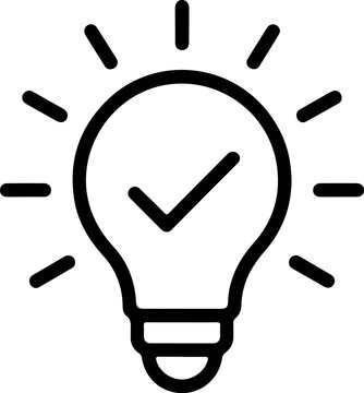Simple black line art icon of a light bulb with a check mark inside