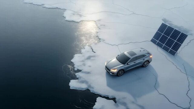 Elektrofahrzeug auf schmelzendem Eis mit Solarpanel &ndash; Symbol f&uuml;r Hoffnung in der Klimakrise. K&uuml;nstliche Intelligenz KI