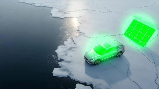 Elektrofahrzeug auf schmelzendem Eis mit Solarpanel &ndash; Symbol f&uuml;r Hoffnung in der Klimakrise. K&uuml;nstliche Intelligenz KI
