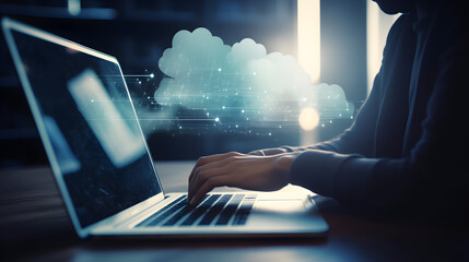 Cloud computing technology concept. Software as a Service, Backup Storage Data Internet, networking and digital. Person using laptop with cloud storage network icon.