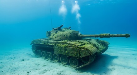 Sunlit underwater scene featuring a submerged, rusting military tank resting on a sandy seabed.