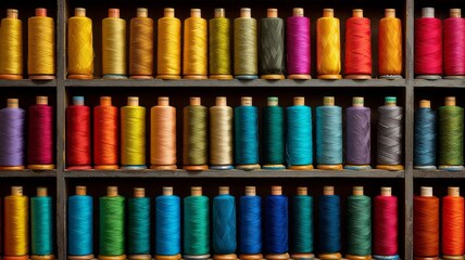 Assorted thread spools in vibrant colors on shelf. Neural network AI generated