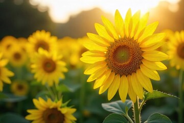 Obraz premium A vibrant field of sunflowers in full bloom, bathed in golden sunlight, signifying the anticipation and excitement of a bountiful harvest season , anticipation, summer, optimism