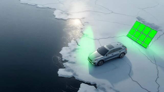 Elektrofahrzeug auf schmelzendem Eis mit Solarpanel &ndash; Symbol f&uuml;r Hoffnung in der Klimakrise. K&uuml;nstliche Intelligenz KI