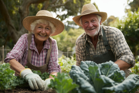 elderly couple gardening