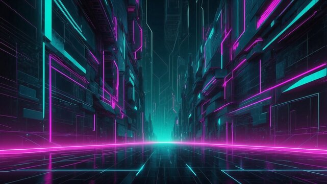 Futuristic digital art: sharp linear gradient intersects with holographic patterns and a tech grid.
