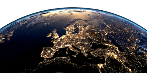 Europe at Night from Space, City Lights Illuminate the Continent Concept of Urbanization, Energy Consumption, and Global Connectivity