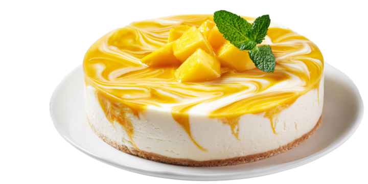 Delicious Mango Cheesecake with Fresh Mint Garnish on White Plate Sweet dessert concept for bakery, cafe, and restaurant menu