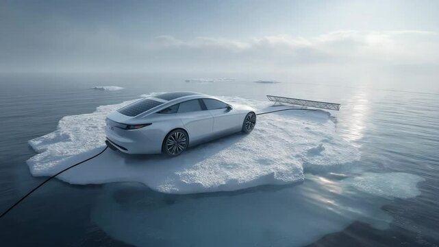 Elektroauto auf treibender Eisscholle mit Energiefluss &ndash; Sinnbild f&uuml;r Mobilit&auml;tswende im Klimawandel. K&uuml;nstliche Intelligenz KI