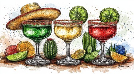 A Mexican Independence Day cocktail party card design. Three tequila glasses, sombrero and cactus 