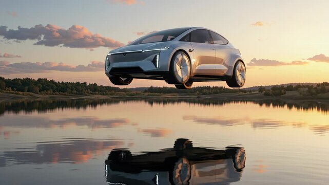 A silver car is flying over a lake