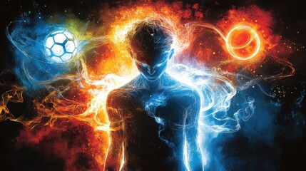 Futuristic neon soccer player in motion, glowing digital energy lines, dynamic cyber sports concept