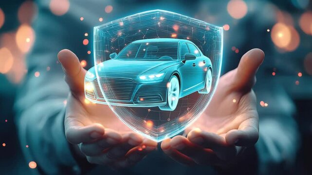 A businessperson holds a holographic car shield, symbolizing advanced technology, innovation, and modern car protection systems.