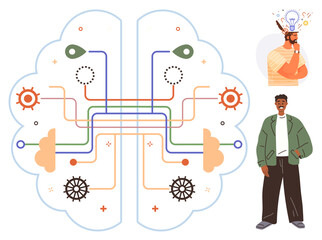 Brain diagram with neural pathways, gears, and connections representing creativity. Two individuals, one thinking and one casual. Ideal for teamwork, innovation, education, brainstorming