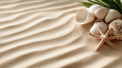 Close-up of fine beach sand with scattered starfish and seashells, free copy space