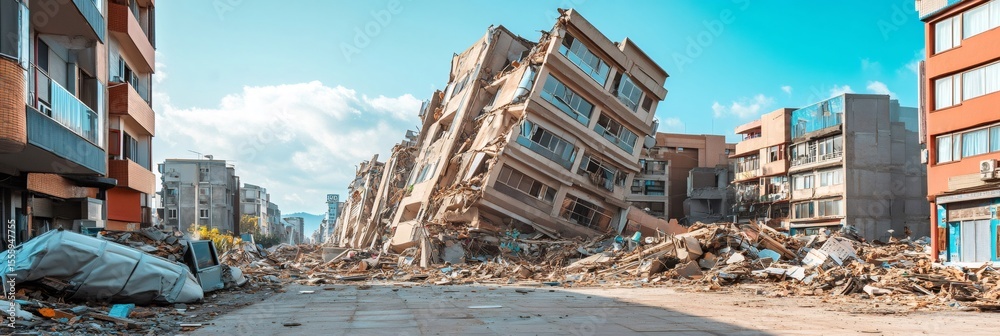 Poster devastating earthquake causing building collapse and widespread destruction in a city, highlighting 