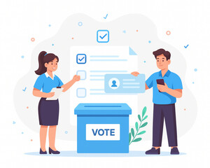 Two people are participating in an election process, one dropping a ballot into the box, promoting democratic values and civic engagement.