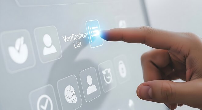 Finger touching the digital screen with verification list and assorted icons in a modern futuristic display - Powered by Adobe