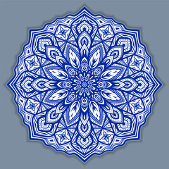 Vector abstract circular mandala design decorative element ethnic style. Blue line and white area for coloring. Shadow around of mandala. Arab, Islam, Indian, Chinese. Yoga illustration.