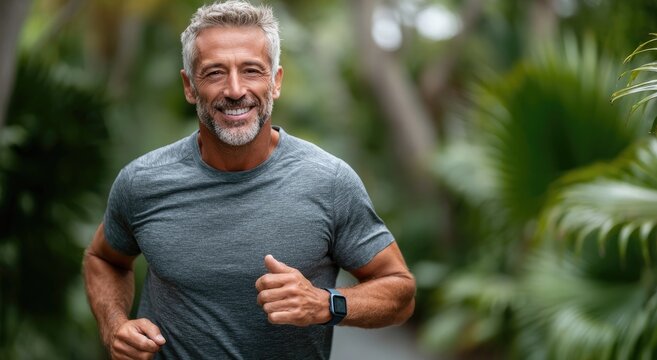 A middle-aged man with gray hair and beard is running outdoors in the park, wearing sportswear, smiling happily.