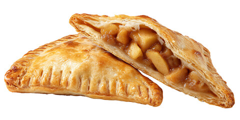 Delicious homemade apple turnover with flaky crust, one cut in half revealing the sweet apple filling Concept of comfort food, autumn dessert, and traditional baking